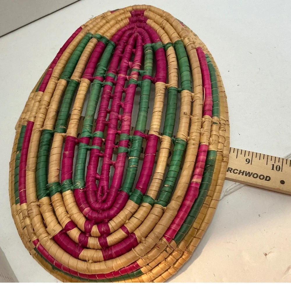 Vintage Woven Coil Basket Oval Pink Green Geometric Boho Decor 10.5in